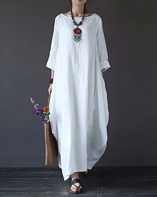 Soft Solid Color Splice Plus Size Linen & Cotton Big Swing Maxi Dress - Image 6