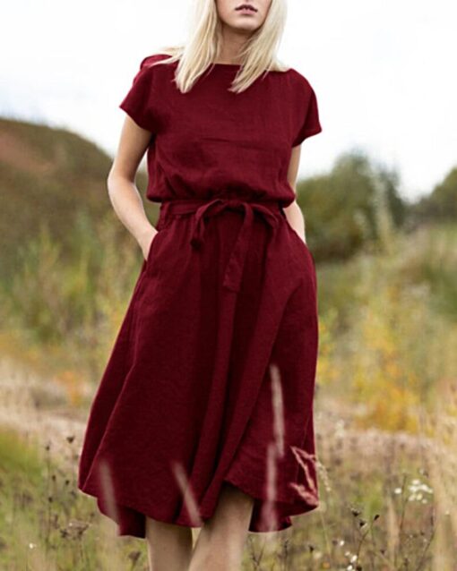 Solid Color A-Line Short Sleeve Crew Neck Dress With Belt - Image 6