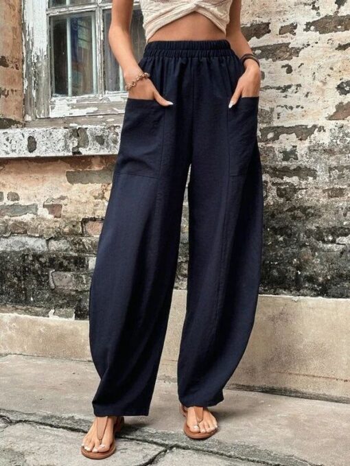 Solid Color Bottoms Elastic Waisted Pant Summer Baggy Trousers Straight Leg Pants - Image 3