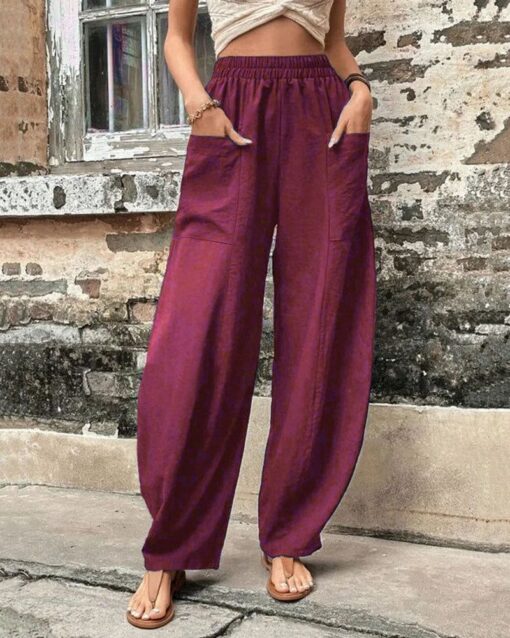 Solid Color Bottoms Elastic Waisted Pant Summer Baggy Trousers Straight Leg Pants - Image 5