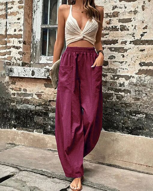 Solid Color Bottoms Elastic Waisted Pant Summer Baggy Trousers Straight Leg Pants - Image 6