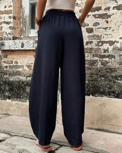 Solid Color Bottoms Elastic Waisted Pant Summer Baggy Trousers Straight Leg Pants - Image 4