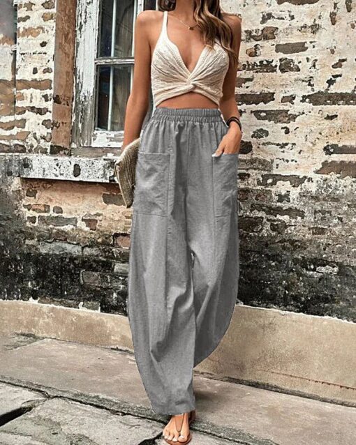 Solid Color Bottoms Elastic Waisted Pant Summer Baggy Trousers Straight Leg Pants - Image 2