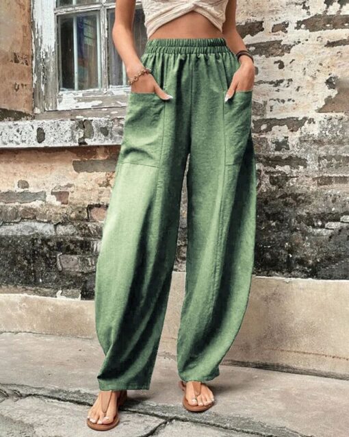 Solid Color Bottoms Elastic Waisted Pant Summer Baggy Trousers Straight Leg Pants - Image 17