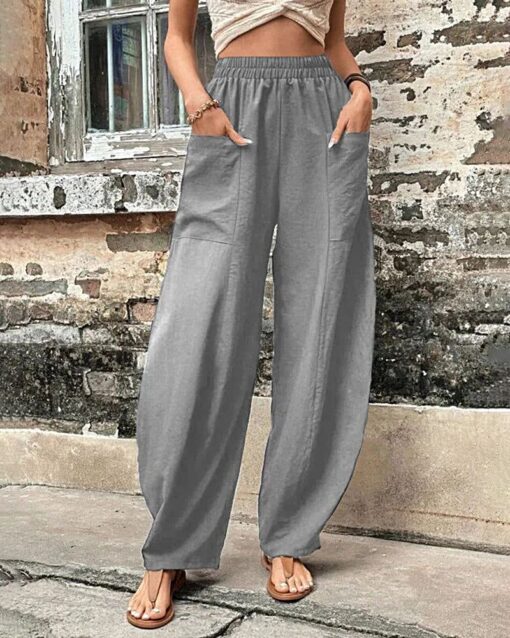 Solid Color Bottoms Elastic Waisted Pant Summer Baggy Trousers Straight Leg Pants - Image 13