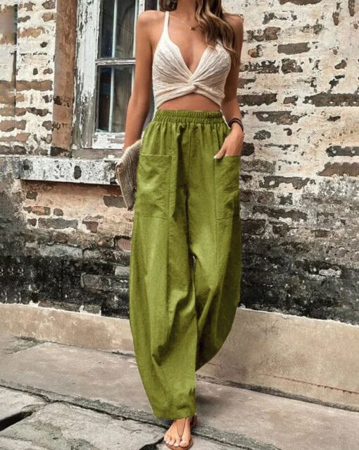 Solid Color Bottoms Elastic Waisted Pant Summer Baggy Trousers Straight Leg Pants - Image 10