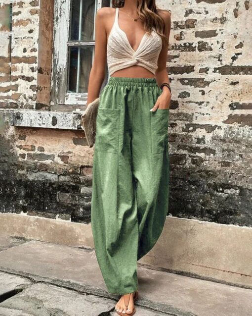 Solid Color Bottoms Elastic Waisted Pant Summer Baggy Trousers Straight Leg Pants - Image 9