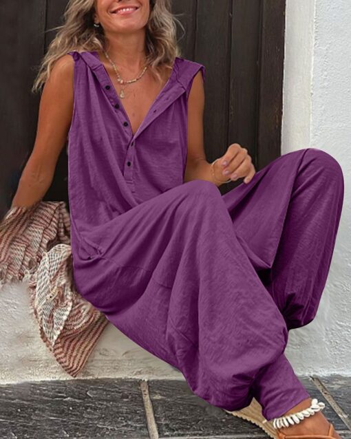 Solid Color Button Hood Sleeveless Jumpsuit - Image 6