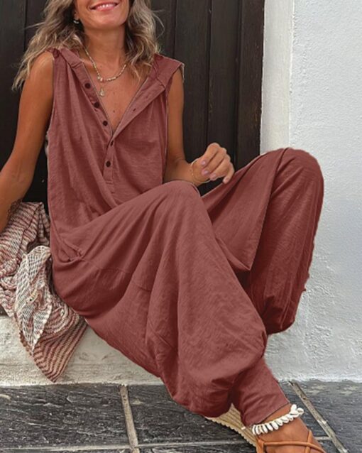 Solid Color Button Hood Sleeveless Jumpsuit - Image 9