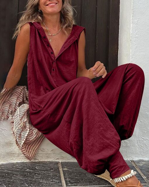 Solid Color Button Hood Sleeveless Jumpsuit - Image 8