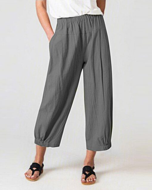 Solid Color Elastic Waist Stitching Straight High Waist Cropped Casual Pants - Image 5