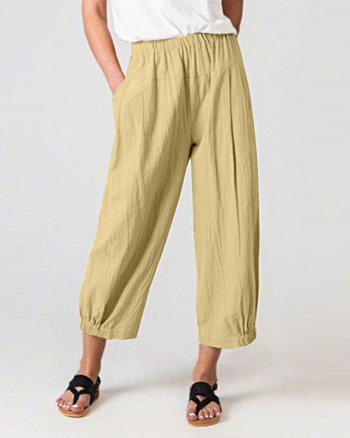 Solid Color Elastic Waist Stitching Straight High Waist Cropped Casual Pants - Image 2