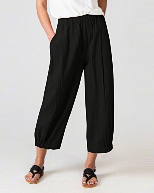 Solid Color Elastic Waist Stitching Straight High Waist Cropped Casual Pants - Image 4