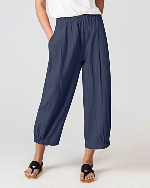 Solid Color Elastic Waist Stitching Straight High Waist Cropped Casual Pants - Image 3