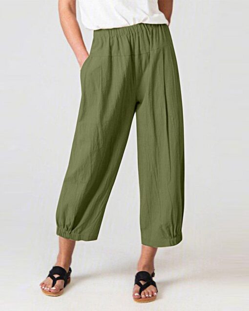 Solid Color Elastic Waist Stitching Straight High Waist Cropped Casual Pants - Image 10