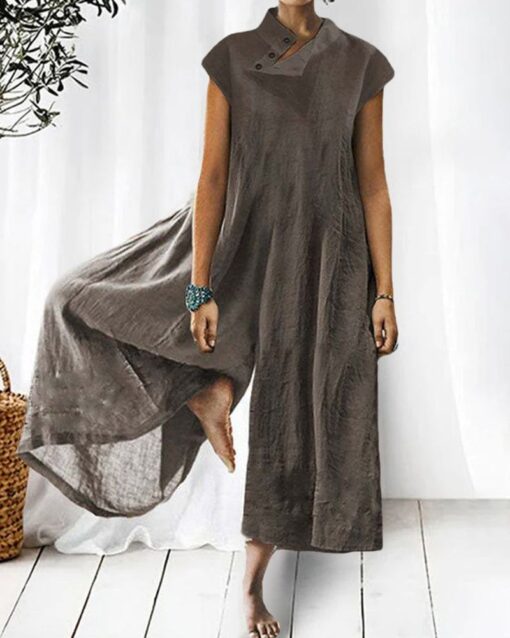 Solid Color Half High Neck Cotton Linen Jumpsuit - Image 2