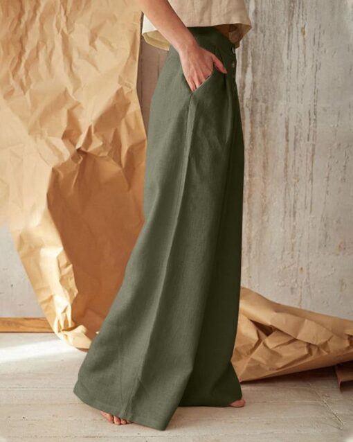 Solid Color High Waist Casual Button Wide Leg Pant - Image 3