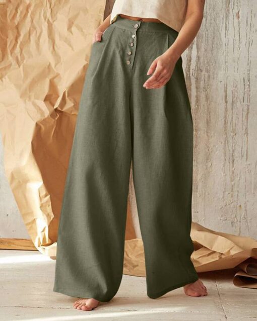 Solid Color High Waist Casual Button Wide Leg Pant - Image 2