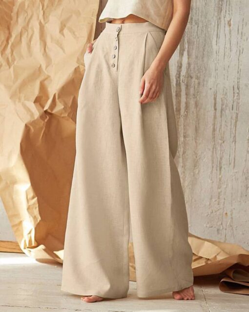 Solid Color High Waist Casual Button Wide Leg Pant - Image 4