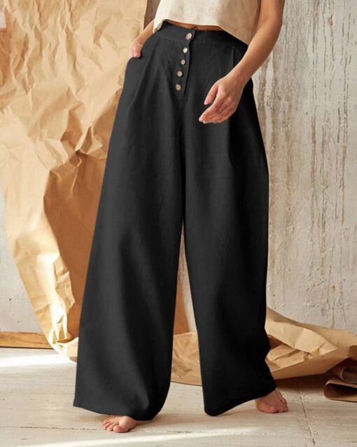 Solid Color High Waist Casual Button Wide Leg Pant - Image 5