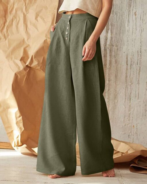 Solid Color High Waist Casual Button Wide Leg Pant - Image 7