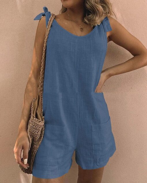 Solid Color Jumpsuits Summer Comfort Pocket Sleeveless Shorts Jumpsuits - Image 11