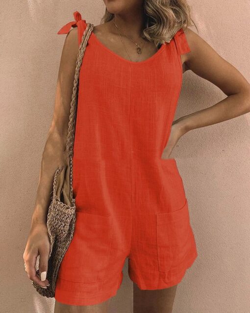 Solid Color Jumpsuits Summer Comfort Pocket Sleeveless Shorts Jumpsuits - Image 7