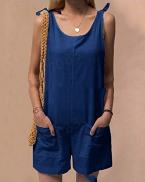 Solid Color Jumpsuits Summer Comfort Pocket Sleeveless Shorts Jumpsuits - Image 6