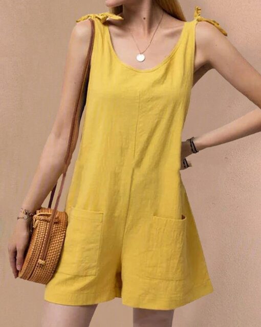 Solid Color Jumpsuits Summer Comfort Pocket Sleeveless Shorts Jumpsuits - Image 5