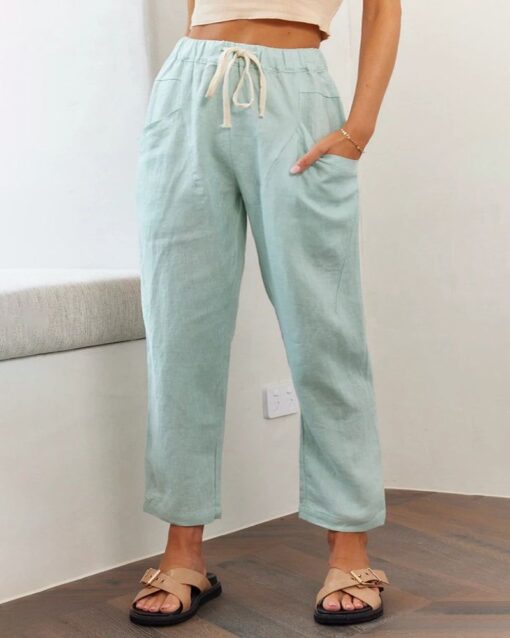 Solid Color Lace Up Pants Small Feet Cotton Linen Pants - Image 8