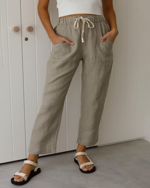 Solid Color Lace Up Pants Small Feet Cotton Linen Pants - Image 4