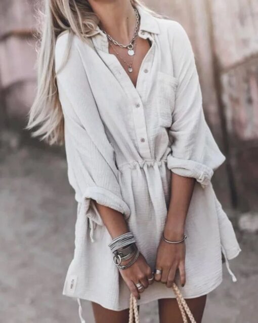 Solid Color Lapel Casual Fashion Loose Shirt Dresses - Image 3