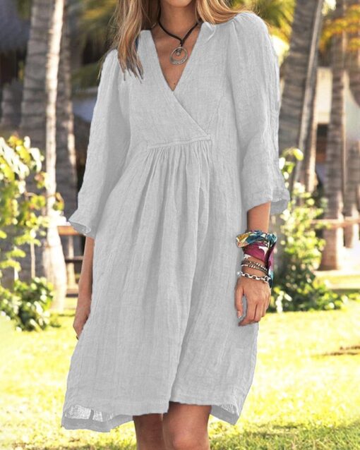 Solid Color Loose V-neck 3/4 Sleeve Loose Mid Linen Dress - Image 3