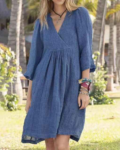 Solid Color Loose V-neck 3/4 Sleeve Loose Mid Linen Dress