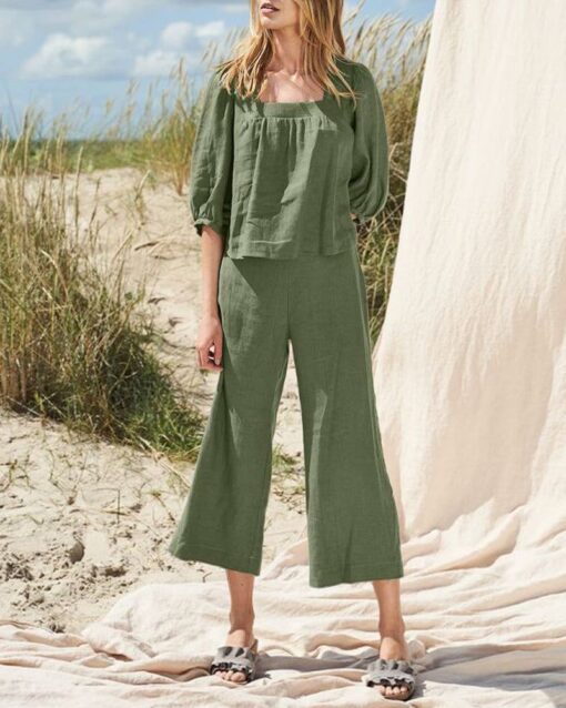 Solid Color Mid Sleeve Shirt & Cropped Pants Two Piece Set - Image 3