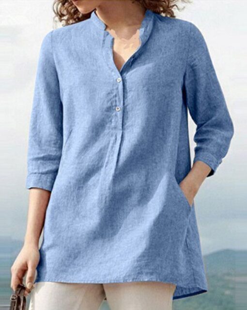 Solid Color Mid Sleeve Shirt Retro Urban Casual Stand Collar Loose Blouses