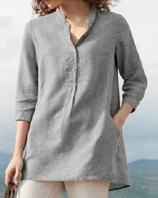 Solid Color Mid Sleeve Shirt Retro Urban Casual Stand Collar Loose Blouses - Image 13