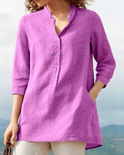 Solid Color Mid Sleeve Shirt Retro Urban Casual Stand Collar Loose Blouses - Image 5