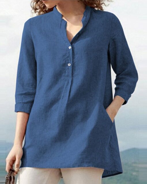 Solid Color Mid Sleeve Shirt Retro Urban Casual Stand Collar Loose Blouses - Image 12