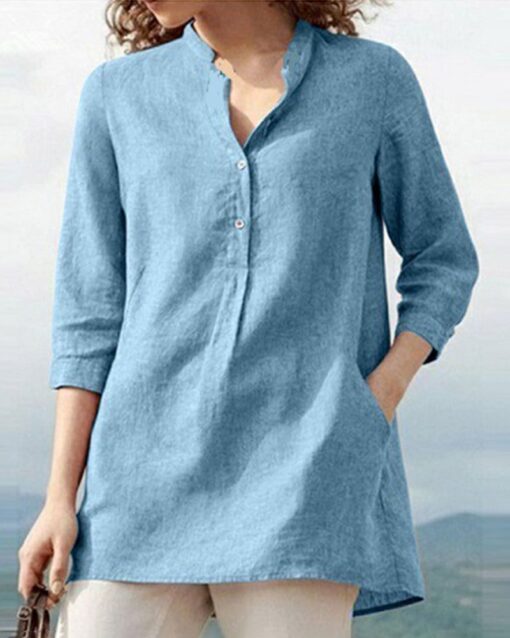 Solid Color Mid Sleeve Shirt Retro Urban Casual Stand Collar Loose Blouses - Image 2