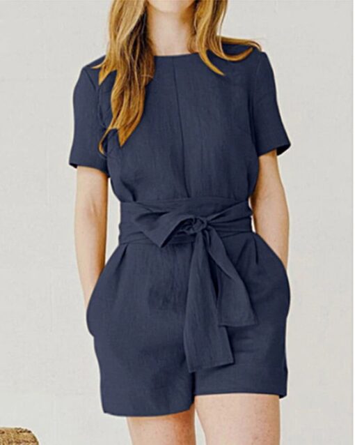 Solid Color Short Sleeve Round-neck Pocket Casual Shorts Jumpsuit with Belt - Image 4