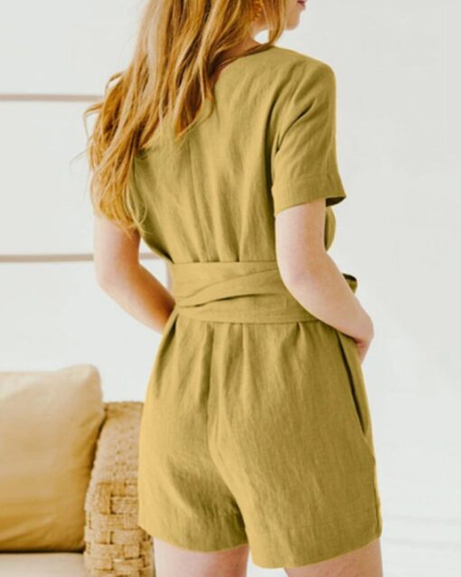 Solid Color Short Sleeve Round-neck Pocket Casual Shorts Jumpsuit with Belt - Image 7