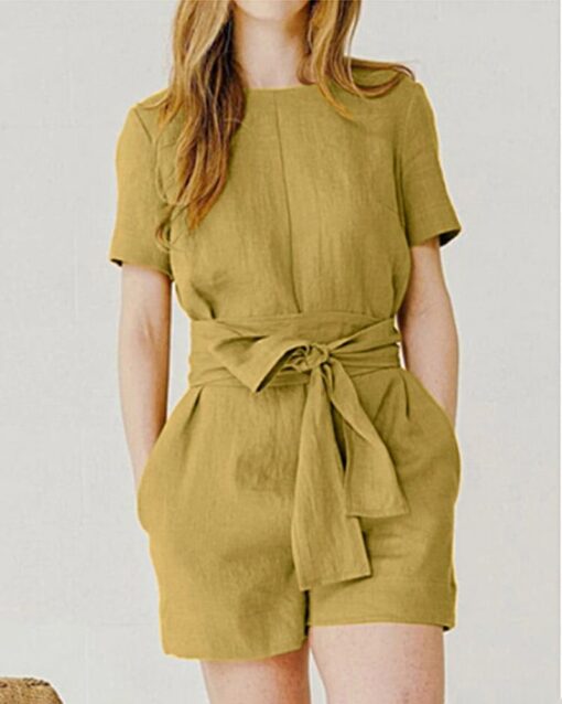 Solid Color Short Sleeve Round-neck Pocket Casual Shorts Jumpsuit with Belt - Image 5