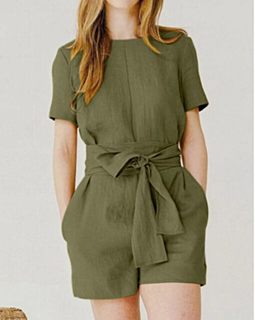 Solid Color Short Sleeve Round-neck Pocket Casual Shorts Jumpsuit with Belt - Image 9