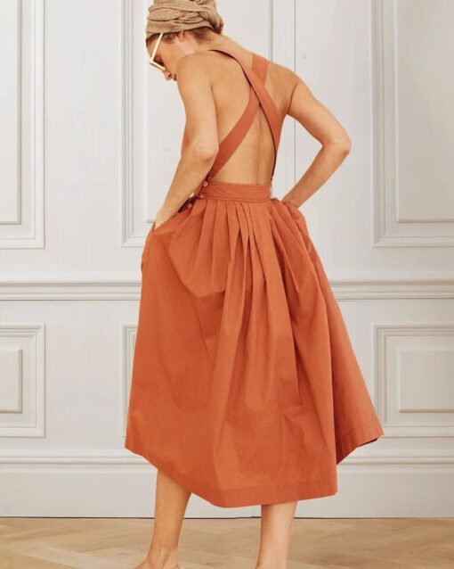 Solid Color Sleeveless Backless Midi Dress