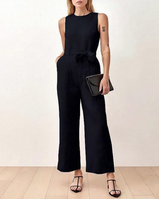 Solid Color Sleeveless Crew Neck Pockets Tie Jumpsuit - Image 6