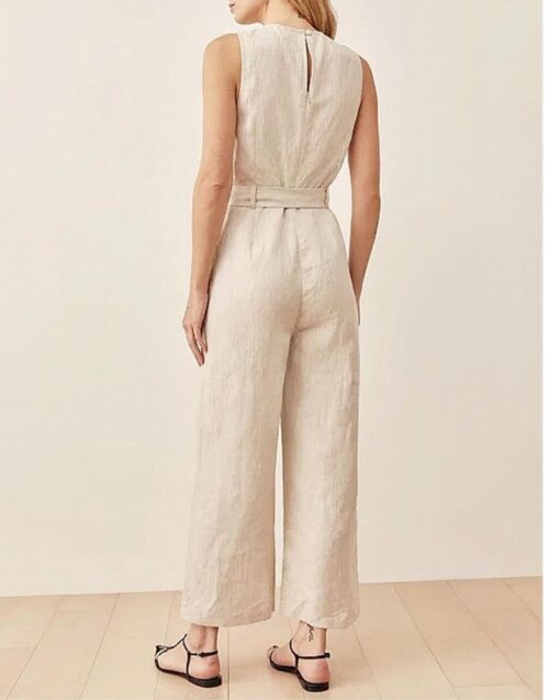 Solid Color Sleeveless Crew Neck Pockets Tie Jumpsuit - Image 3