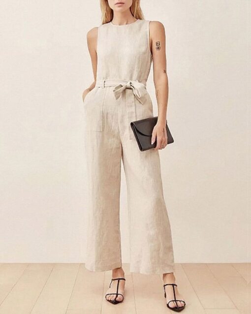 Solid Color Sleeveless Crew Neck Pockets Tie Jumpsuit