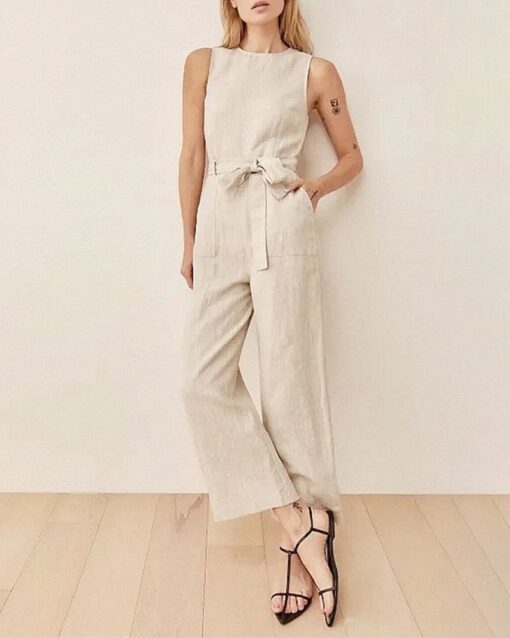 Solid Color Sleeveless Crew Neck Pockets Tie Jumpsuit - Image 2