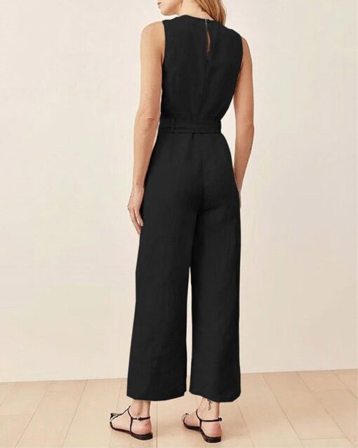 Solid Color Sleeveless Crew Neck Pockets Tie Jumpsuit - Image 7